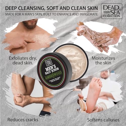 Dead Sea Collection Amber Wood Salt Body Scrub for Men - Large 23.28 OZ - with Pure Oils and Dead Sea Minerals