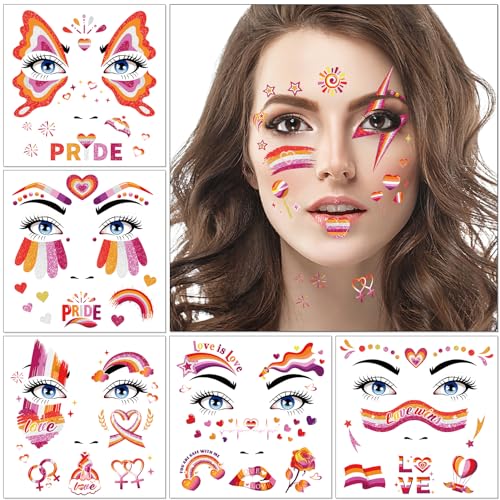 HOWAF 12pcs Lesbian Pride Glitter Face Tattoos