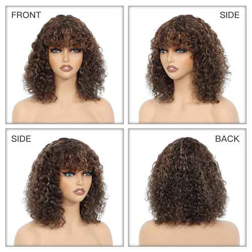 12" Highlights Curly Human Hair Wig with Bangs Short Curly Bob Wigs for Black Women Water Wave Human Hair Wig with Bangs Blonde Highlight Curly Wigs Wear and Go None Lace Front Glueless Wig F4/27