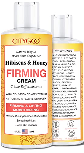 Hibiscus and Honey Firming Cream, Skin Tightening Lotion, Reduces the Look of Neck Lines, Tightens & Smooths - With Collagen & Hyaluronic Acid -4 FL OZ/120 ML