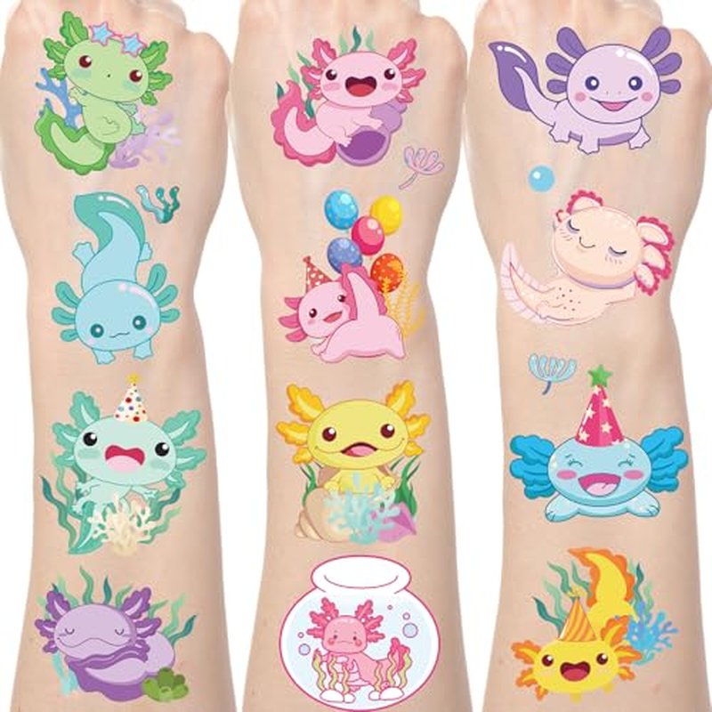 Gameza Colorful Axolotl Temporary Tattoos - 200+ Axolotl Birthday Decorations Party Favors Supplies Decor Funny Blue Pink Yellow Green Blue Axolotl Tattoo Stickers Gifts Rewards for Kids Adults