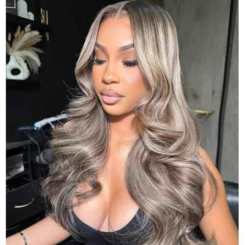 Rina 13x6 Ombre Milk Tea Ash Blonde with Brown Highlights Lace Front Wig Human Hair 210% Density Upgreads Ombre Roots Ash Blonde Highlights Brown Wigs Pre Plucked 13x6 Hd Lace Wig for Women 20 Inch
