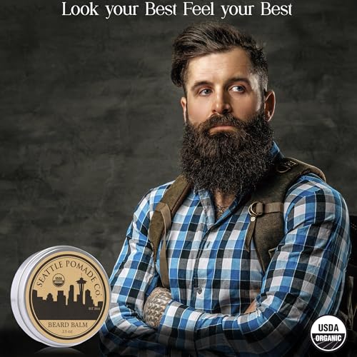 Seattle Pomade Co. Certified Organic Beard Balm made with Organic Beeswax. Strengthens & Softens Beards & Mustaches. Globally sourced certified organic materials.