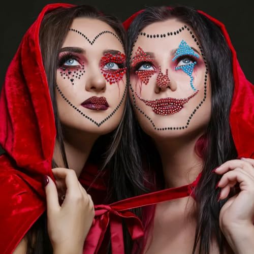 3 Pcs Clown Face Gems Jewels Makeup Sticker 3D Gemstone Face Stickers Scary Clown Rhinestone Face Jewel Glitter Sticker Temporary Tattoos for Halloween Carnival Day of the Dead Party Decoration