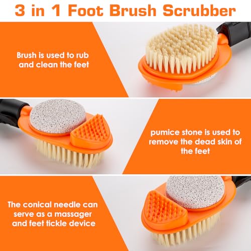 3-in-1 Long Handle Foot Scrubber with Pumice Stone - 15-28" Extendable Brush
