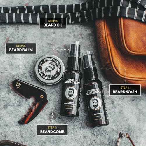 Percy Nobleman Beard Grooming Kit - Signature Scented Beard Oil 50ml, Wash 50ml, Balm 20ml & Comb