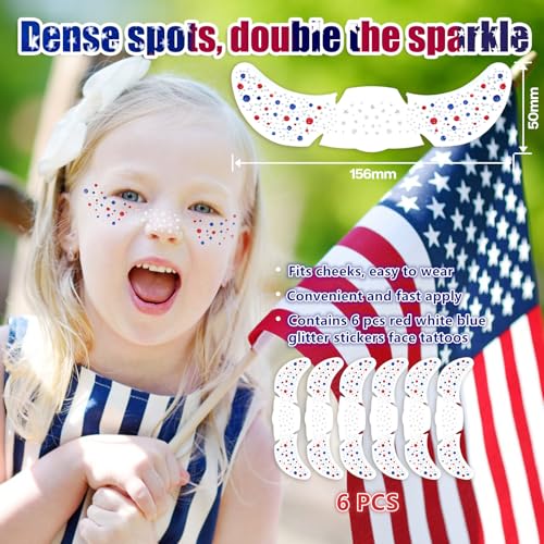 Red White Blue Glitter Freckles Tattoo - 4th of July, 6 Pack