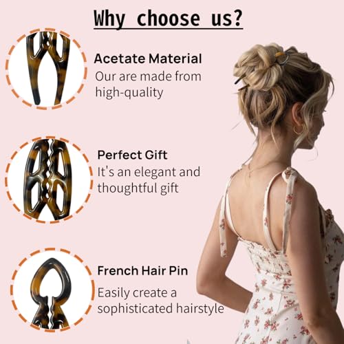 Wawou 3-Pack French Hair Pins with Leopard Tortoiseshell Prints, Non-Slip Curved Design for All Hair Types