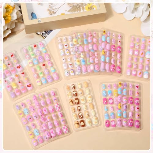 Kids Pink Fake Nails Set with 288 Self-Adhesive Press On Tips for Girls 8-12