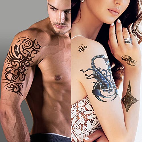 Temporary Tattoos For Men Guys Boys & Teens - Fake Half Arm Tattoos Sleeves For Arms Shoulders Chest Back Legs Cross Skull Owl Clock Scorpion Rose Realistic Waterproof Transfers 8 Sheets 8x6"