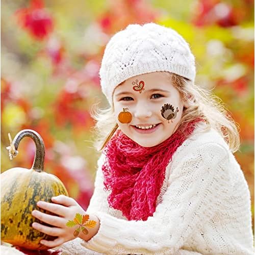 88 Pieces Fall Temporary Tattoos for Kids Women, 10 Sheets Autumn Fake Tattoos Thanksgiving Day Party Decorations Maple Leaf Turkey Scarecrow Pumpkin Cute Design Waterproof Tattoos Stickers Supplies