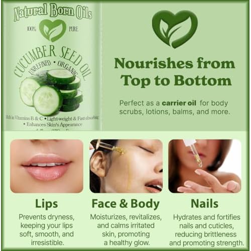 8oz Cucumber Seed Oil, 100% Pure and Natural, Cold-pressed, Unrefined, Moisturizer for Skin and Hair - Includes Pump & Flip Cap