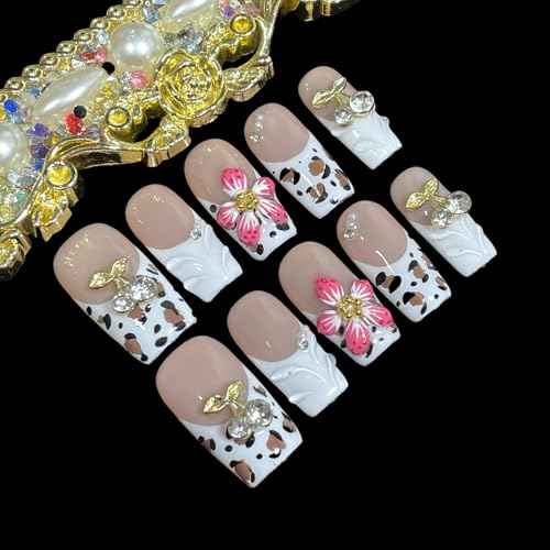 Handmade Press On Nails, 3D Velvet Floral Short/Medium Length Square White French Tips, Leopard Cherry Design, Reusable Acrylic False Nails (Velvet Jungle, M)