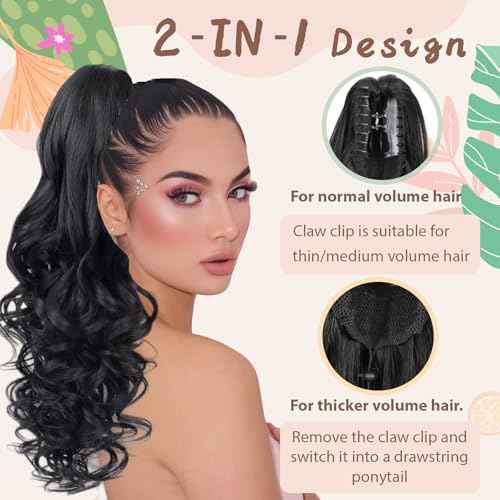 Ponytail Extension, 26 Inch Long Pony tails Hair Extensions for Women Wavy Curly Claw Clip Ponytail Fluffy Natural Fake Pony tail Hair Pieces for Women (Black, 26 Inch)