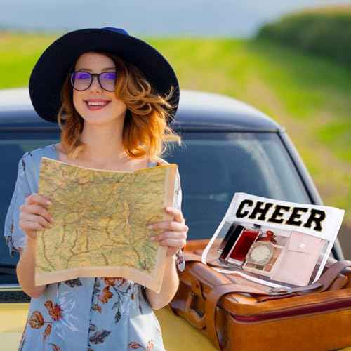 Aliceset 12 Pcs Cheer Chenille Letter Bags, Clear Makeup Cosmetic Bag for Cheerleader Gifts, Preppy Patch Zipper Pouch, Waterproof PVC Travel Toiletry Organizer Women Girls (Black, White, Hot Pink)