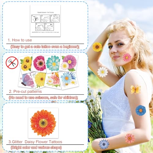 HOWAF 72pcs Glitter Flower Temporary Tattoos for Girls