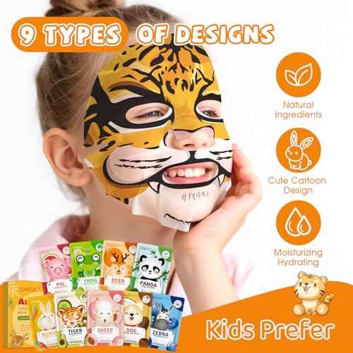 9 Pack Animal Face Masks Skincare for Kids, Bulk Sheet Hydrating Face Mask for Kids Skin Care, Collagen Face Mask for Teens Women, Christmas Gifts, Spa Party Gifts for Teen Girls