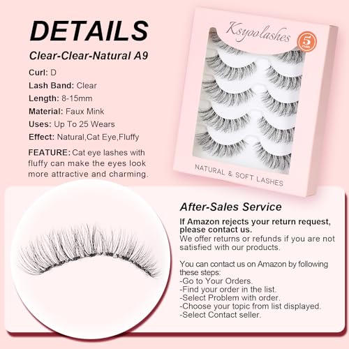 Natural Strip Lashes Clear Band 8-15mm Cat Eye D Curl
