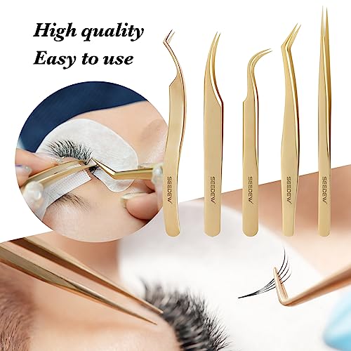 SEEDEW Tweezers Eyelash Extension 5 Pieces Stainless Steel Straight and Curved Professional Set Supplies with a Storage Bag for Lash Tech, Lash Artist Beginner Making Volume Classic Fans(Golden, Pink)