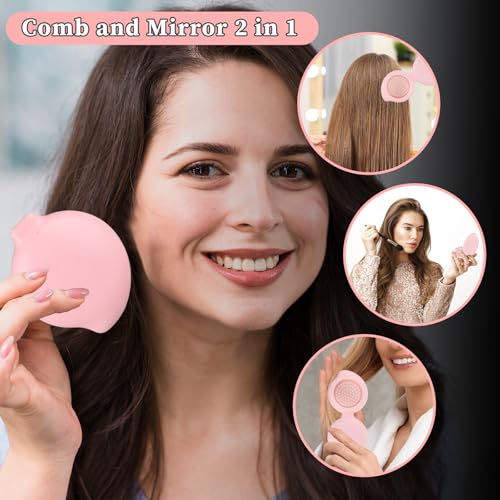 Bewudy 1Pcs Travel Hair Brush with Mirror, Mini Hair Brush, Travel Pocket Brush with Mirror, Folding Hairbrush for Women Small Hair Comb with Mirror Combo Gifts for Women, Pink (1)