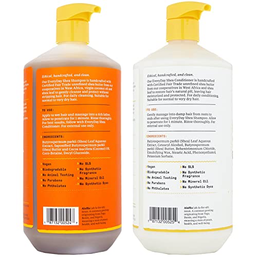 Alaffia EveryDay Shea Shampoo and Conditioner - Normal to Very Dry Hair, Gently Cleanses, Moisturizes, Restores and Protects Hair with Certified Fair Trade Unrefined Shea Butter, Unscented, 32 Oz Each