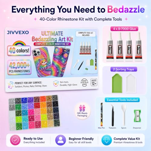 JIVVEXO Rhinestone Bedazzling Kit with 42,000 Gems, 40 Colors & Tools