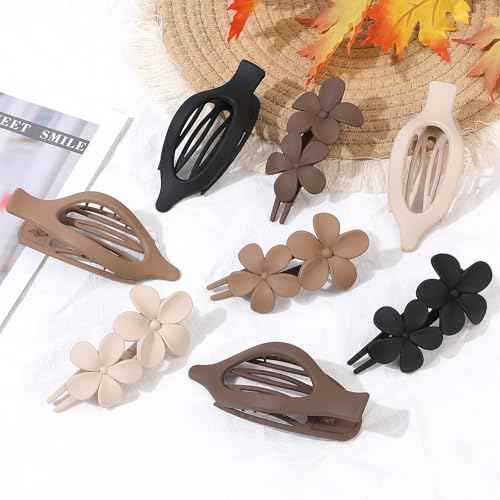 8 Pcs Flat Hair Clips for Women, Flower Flat Hair Clips 2 Styles Matte Hair Accessories Non-slip Hair Claw Clips for Thin and Thick Hair (Brown)