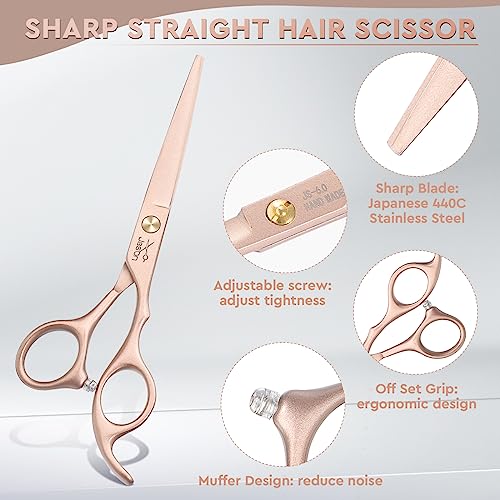 JASON Hair Cutting Scissors Kit - Professional 10 PCS Haircut Scissors Set with 6.7" Thinning/Texturizing Scissors, Straight Shears for Men Women Home Salon Barber (30 Teeth, Rosegold)