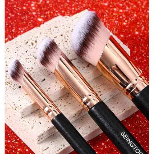 Angled Foundation Brush Contour Conceal Brush Set, 3Pcs Angled Synthetic Kabuki Makeup Brush for Face Blush Bronzer Travel Buffing Stippling Contour Powder Liquid Blending