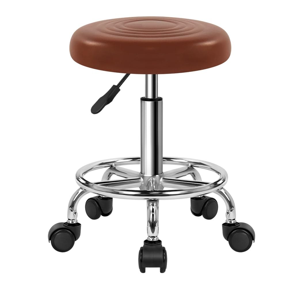 WKWKER PU Leather Stool with Wheels Modern Round Rolling Stool with Footrest 360°Swivel Height Adjustable Stool Chair for Home Work Drafting Spa Salon Massage Beauty Stools Small (Brown)