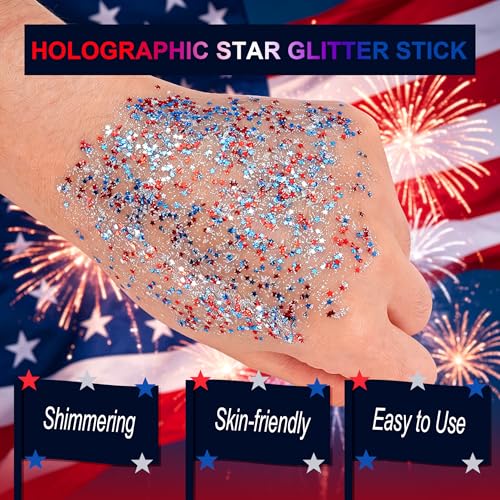 Star Face Glitter Stick - Red White Blue Holographic Sequins