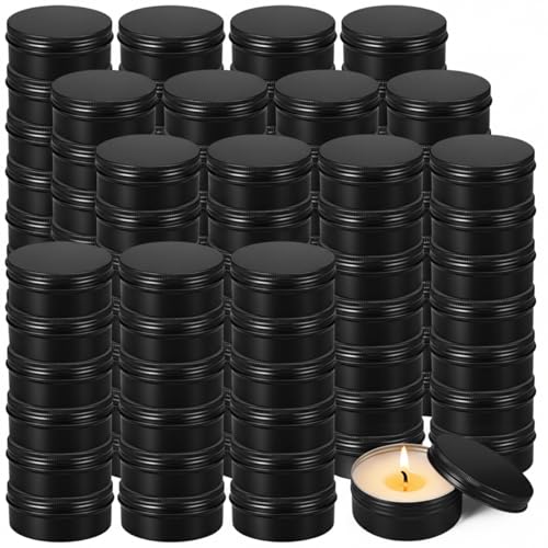 Therwen 48 Pack 8oz Candle Tins with Lids Black Aluminum Containers for Candle Making Supplies Empty Bulk Aluminum Tin Refillable Cosmetic DIY Gift Storage(Classic)