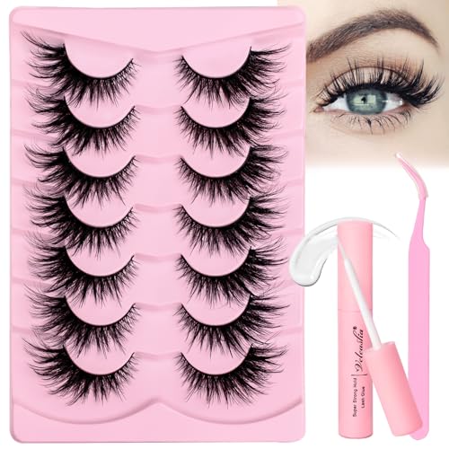 Veleasha Cat Eye Lashes Kit - 7 Pairs Faux Mink with Glue & Tweezer
