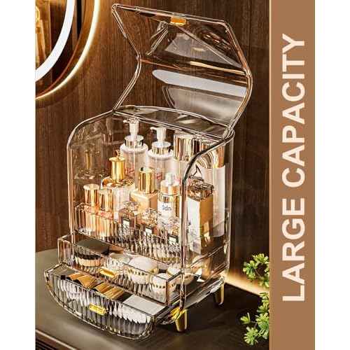 Makeup Organizer, Large Capacity Cosmetics Makeup Organizer for Vanity, Dustproof Waterproof Cosmetics Display Case with Drawers for Skincare, Lipstick, Brushes and Jewelry (Clear)