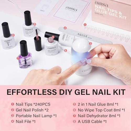 ALDISA 240pcs Almond Nail Kit with UV Lamp - DIY Salon Gel Tips & Polish Set