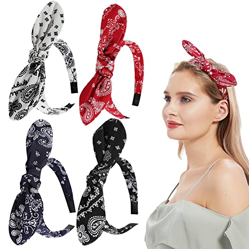 4 Pack Women's and Girls Bow Headbands - Paisley Print Elastic Hair Accessories