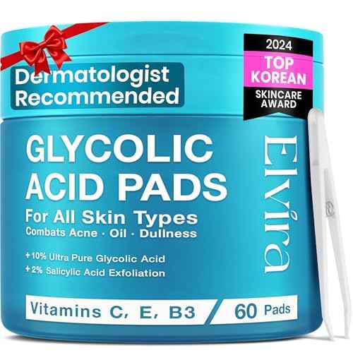 Elvira Glycolic Acid Exfoliating Facial Pads With 10% Glycolic Acid, 2% Salicylic Acid & Niacinamide - 60 Toner Pads, Daily Peel Treatment for Acne Prone Sensitive Skin