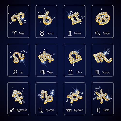 24 Pieces Zodiac Nail Charms 3d Nail Art Charms Rhinestone Zodiac Nail Charms DIY Pendant for Jewelry Making Nail Decorations Necklaces Supplies (Gold)