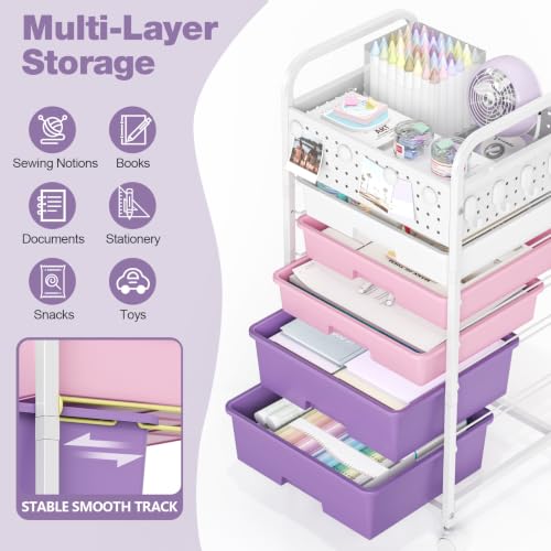 Dreamy Color 5-Drawer Rolling Storage Cart with Pegboard Top & Hooks - SYKIARIOL