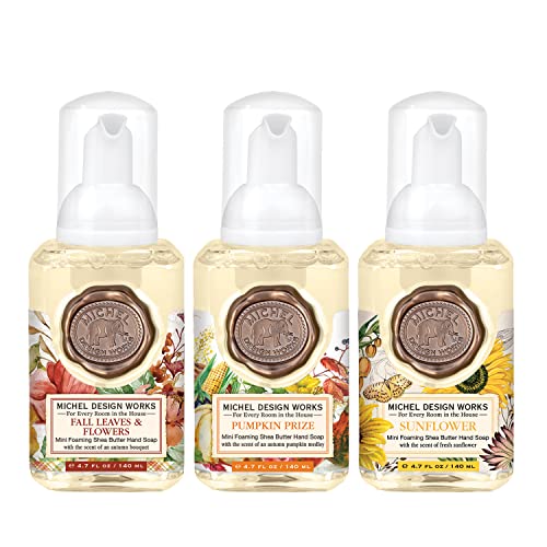 Michel Design Works Mini Foaming Soap 3-Pack Set, 4.7 oz each, Fall Leaves & Flowers, Pumpkin Prize, Sunflower Scent and Design, Shea Butter and Aloe Vera Blend, Beautiful Container with Pump