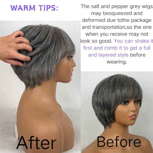 Salt and Pepper Pixie Cut Wigs Human Hair Short White Grey Pixie Cut Wigs Glueless Pixie Layered Lace Front Wig With Bangs Gray Straight Pixie Human Wear and Go Glueless Wig For Women