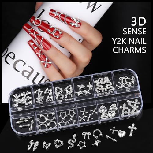 Teentior Nail Charms and Gems Silver Rhinestones for Nails with 15 Sheets Nail Stickers, 6 Boxes Nail Gems Y2K Accessories Pearls for Nails, Cross Nail Charms for Nails Design Caviar Beads for Nails