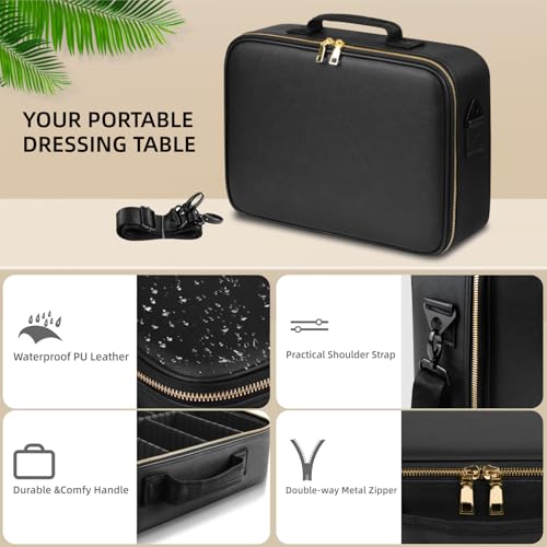 Upgraded Large Travel Makeup Bag with LED Mirror, 15¡± Professional Makeup Case with 3 Color Modes Dimming Lighted Mirror, Light up Cosmetic Make up Organizer with PU Leather Cover, Adjustable Dividers