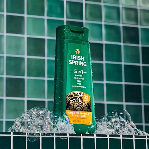 Irish Spring 5 in 1 Moisturizing Body Wash for Men, Shampoo, Conditioner, Body and Face Wash, and 24 Hour Deodorizer, Paraben-Free, Golden Honey & Vetiver Scent, 20 fl oz, 4 Pack