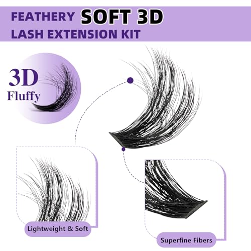B&Q Volume Lash Clusters Kit 280PCS Lash Extension Kit Thick 3D Wispy DIY Eyelash Extension Set with Individual Lashes, Lash Bond and Remover,Tweezers(150D)