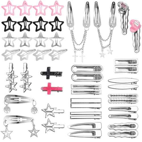 48 Pcs Y2k Hair Clips Set for Girls,Pink Kawaii Star Hair Clips 2000s Non Slip Accessories Styling Tools Retro Cross Love Pentagram Cool Hair Barrettes Kids Women