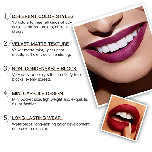 18 Colors Capsule Pills Lipstick Mini Lip-Stick Set, Long Lasting Mini Matte Lipstick Lip Stain Lip Tint - Labiales Mate 24 Horas Originales, Cute Dark Red Matte Lipsticks Set for Women
