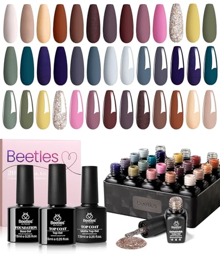 Beetles Fall Gel Nail Polish, 20 Colors Nude Brown Blue Green Gray Yellow Glitter Earth Song Collection Autumn Gel Polish Soak Off with Glossy&Matte Top Base Coat Gel Manicure Kit Gift for Women