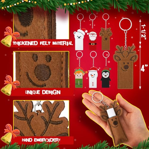 Cunno 18 Pcs Christmas Lipstick Holder Keychains Gifts Reindeer Snowman Elk Penguin Sleeve Christmas Felt Holder Keychains Santa Handmade Lip Balm Lipstick Sleeve for Girls Women