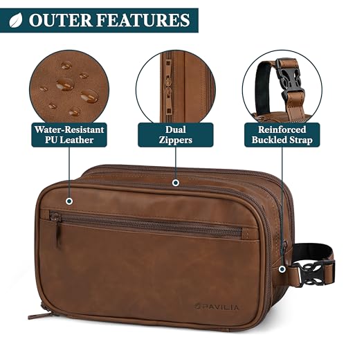 PAVILIA Large Light Brown Toiletry Bag for Men Dopp Kit Travel Organizer